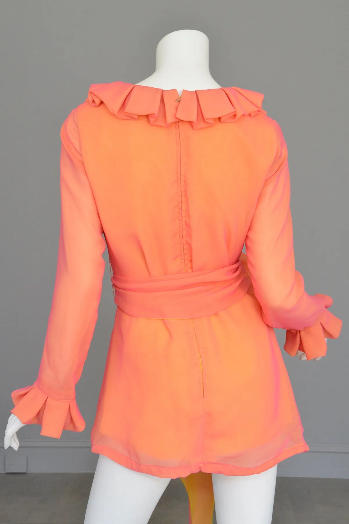 1970s Neon Coral   Saffron Chiffon Micro Mini Tunic