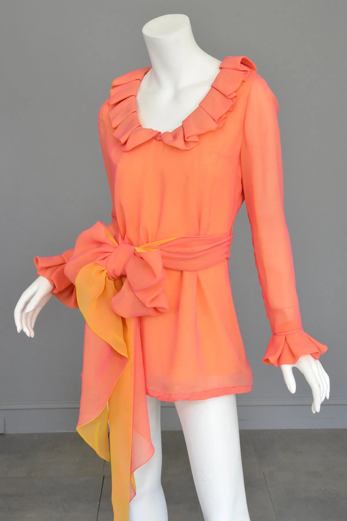 1970s Neon Coral   Saffron Chiffon Micro Mini Tunic