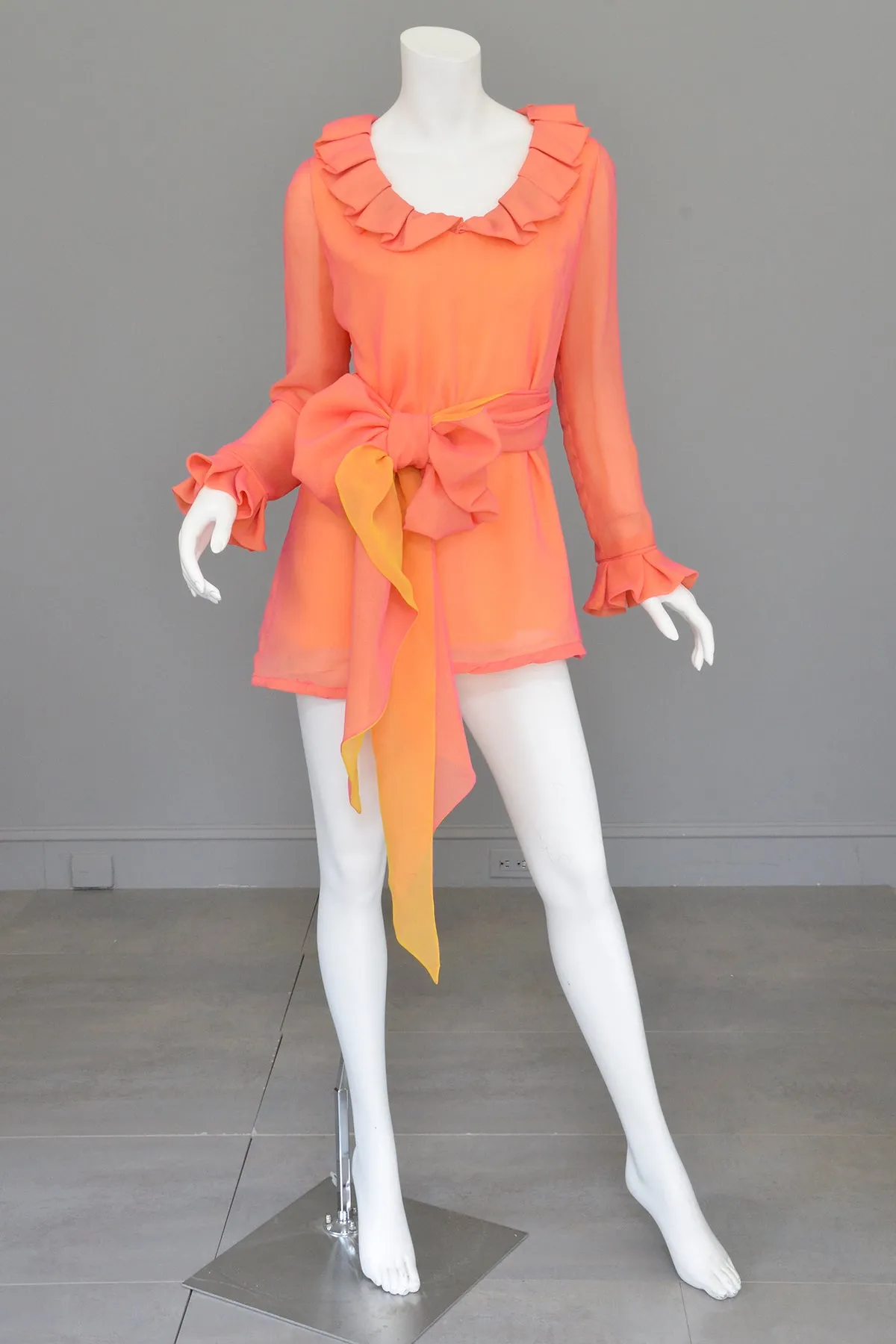 1970s Neon Coral   Saffron Chiffon Micro Mini Tunic