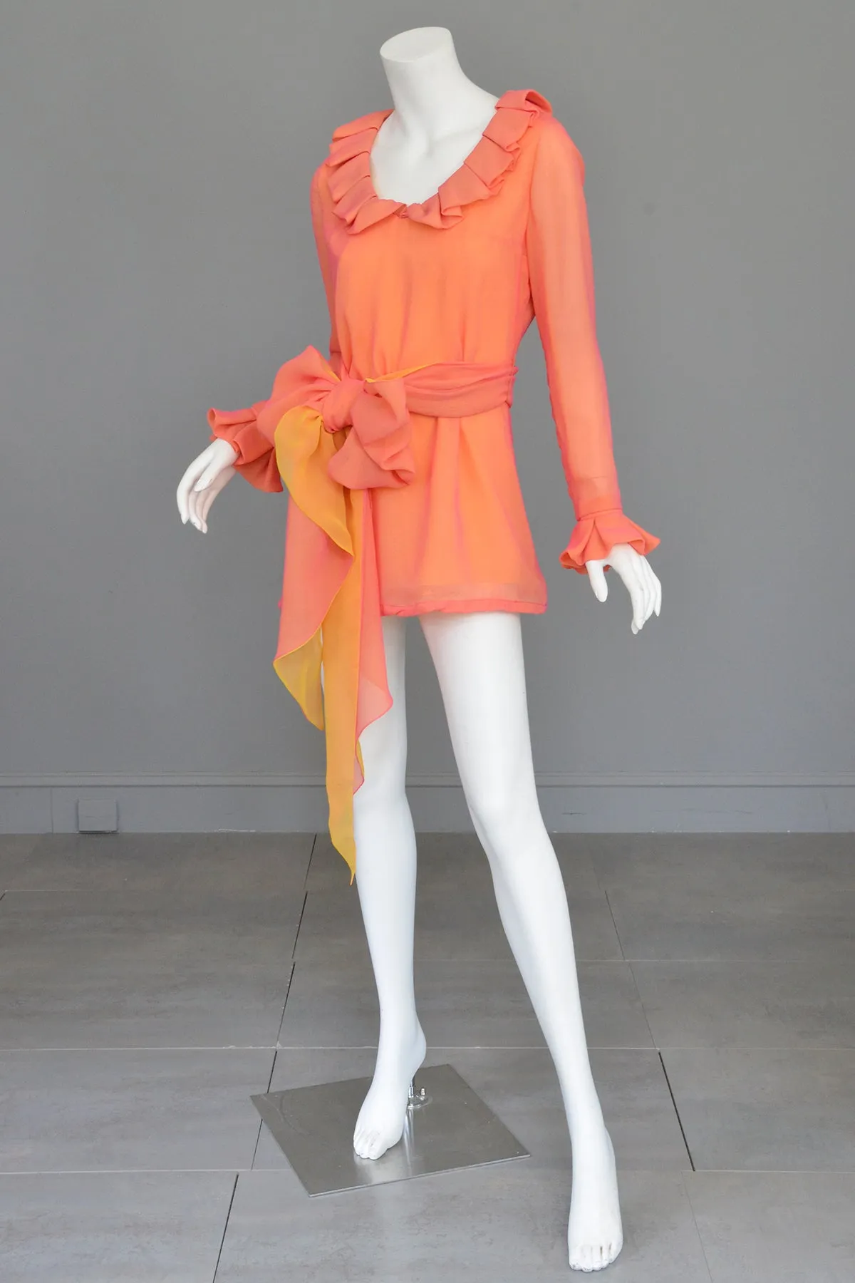 1970s Neon Coral   Saffron Chiffon Micro Mini Tunic