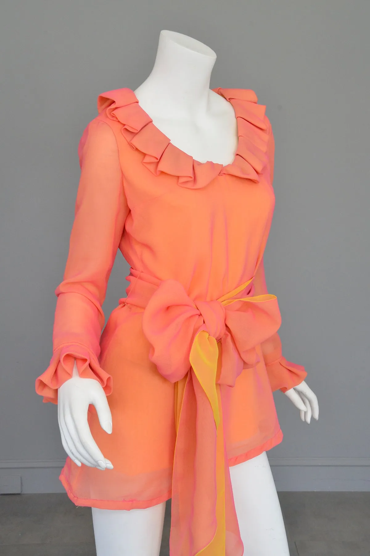 1970s Neon Coral   Saffron Chiffon Micro Mini Tunic