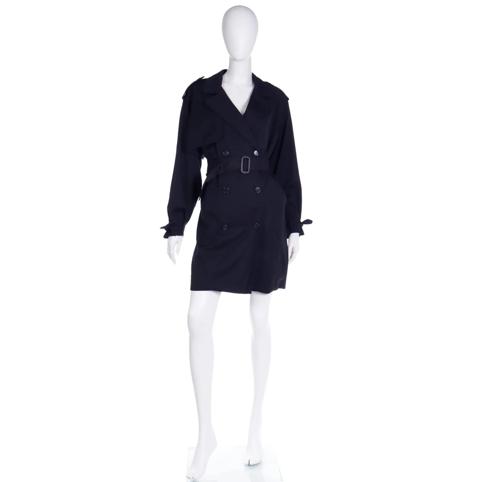 1990s Isaac Mizrahi Black Wool Trench Coat w/ Ties