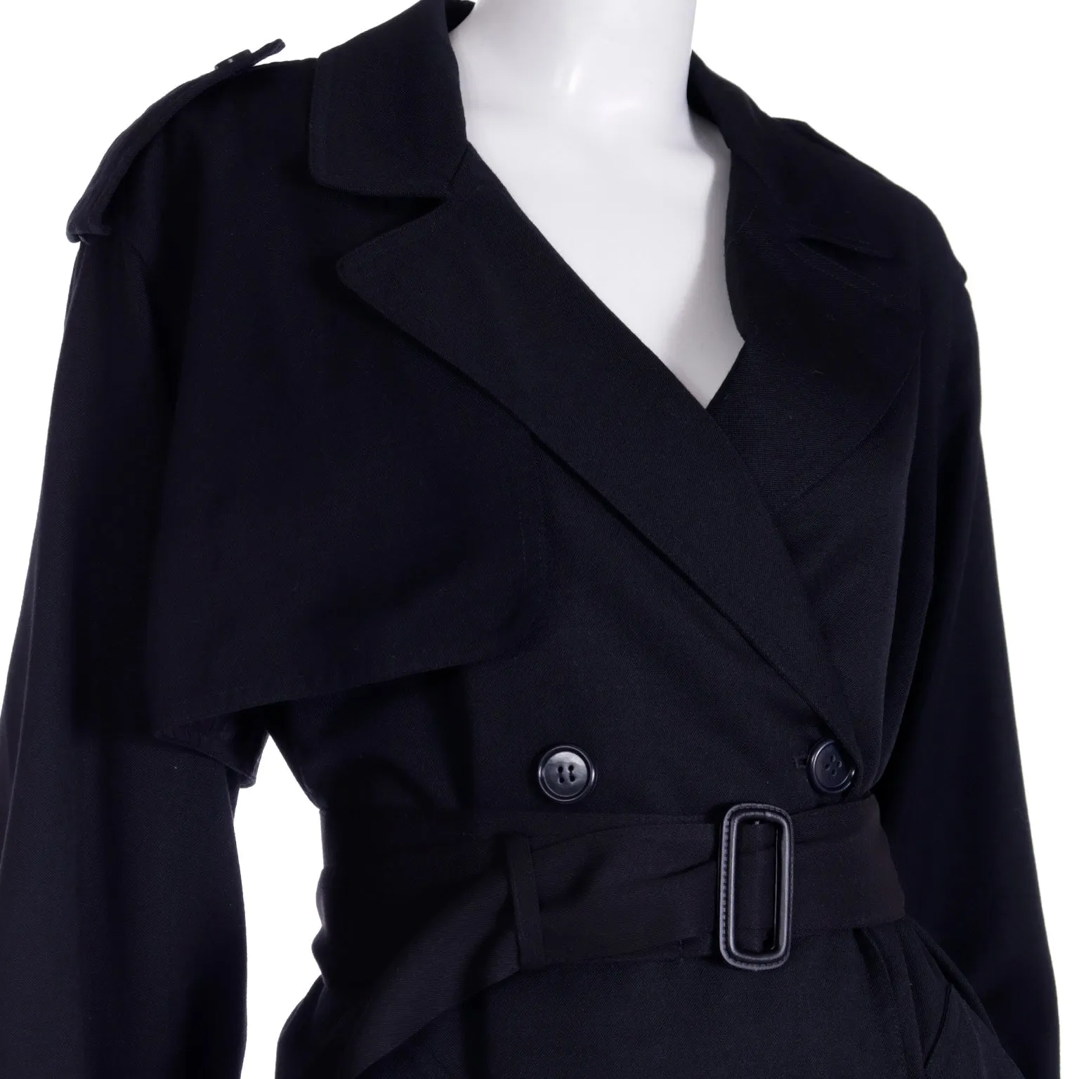 1990s Isaac Mizrahi Black Wool Trench Coat w/ Ties