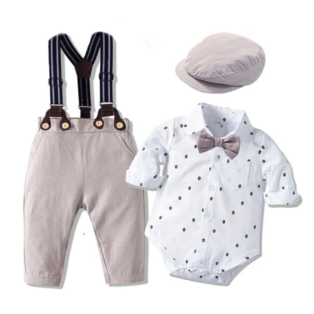 3PCS Baby Boy Bowtie Romper Suspender Baptism Formal Outfit with Baret Hat