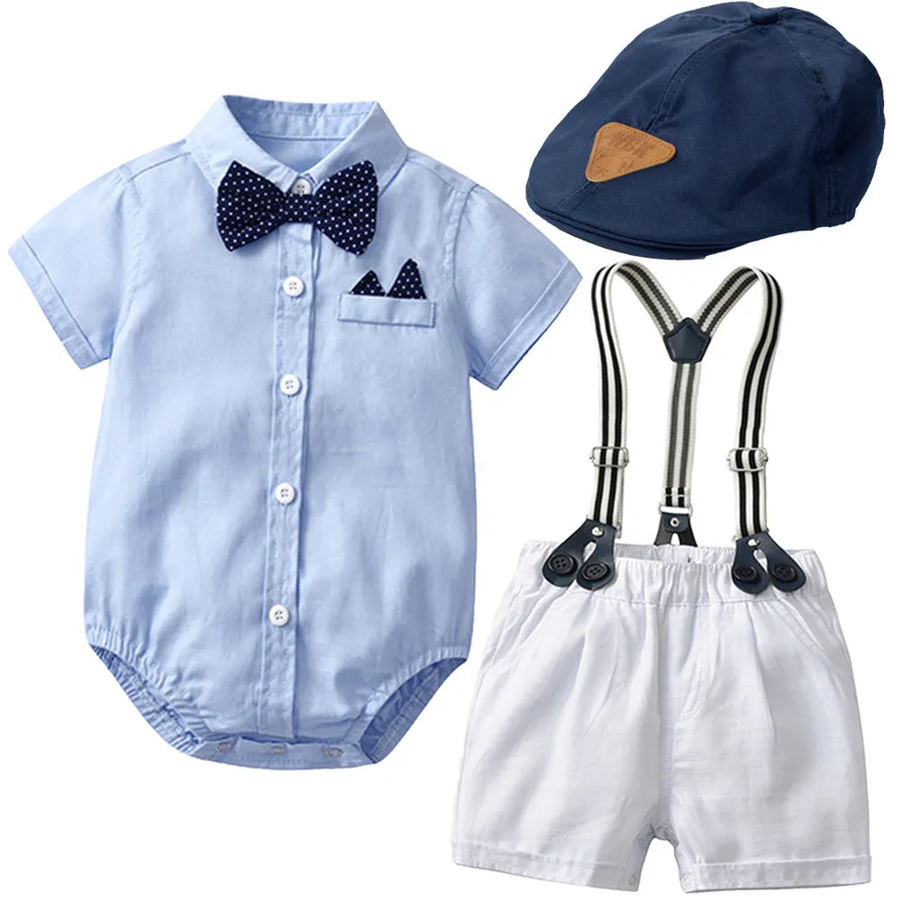 3PCS Baby Boy Bowtie Romper Suspender Baptism Formal Outfit with Baret Hat