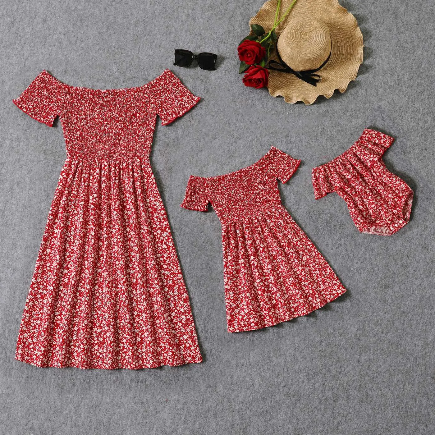 All Over Red Floral Print Off Shoulder Short-sleeve Shirred Dress for Mom and Me