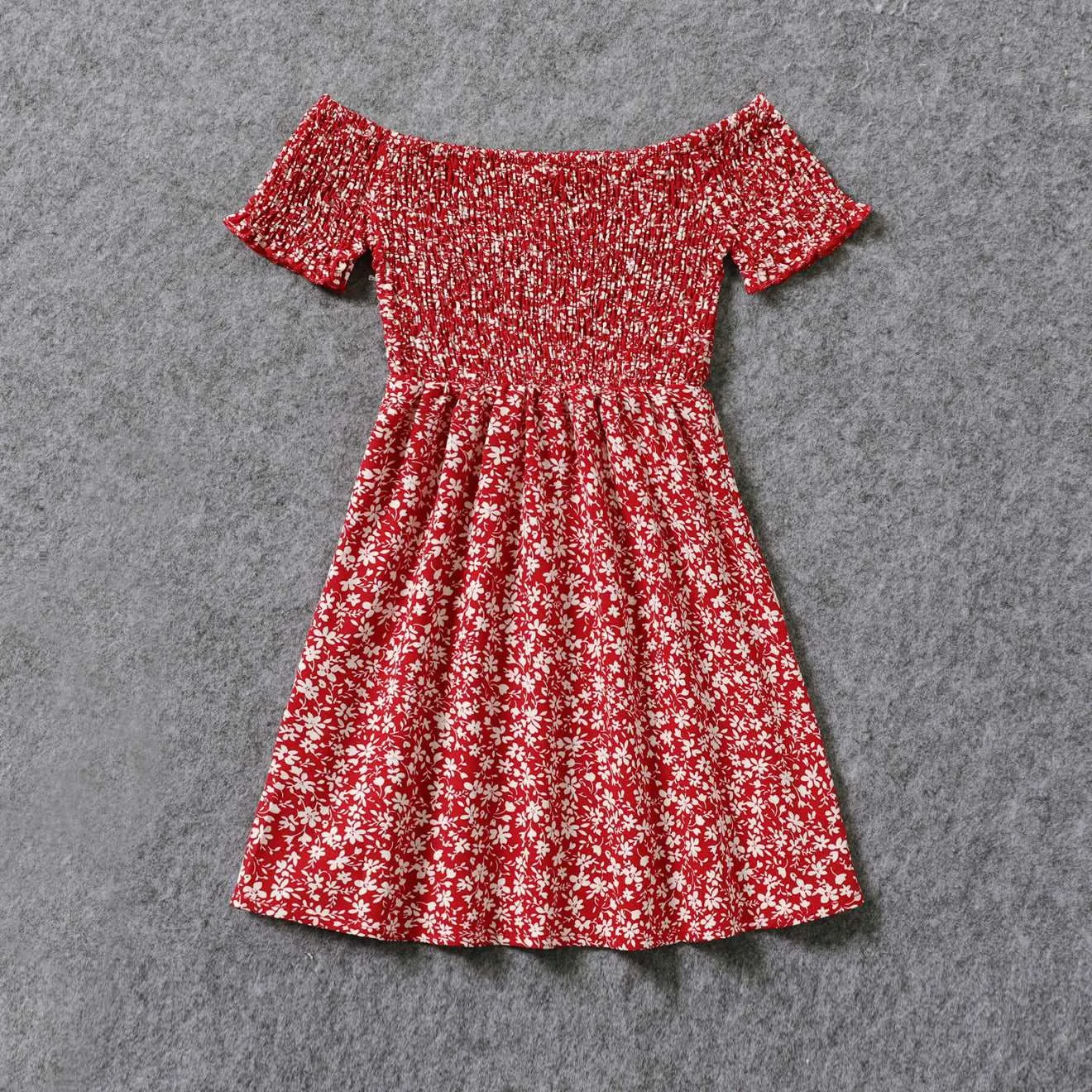 All Over Red Floral Print Off Shoulder Short-sleeve Shirred Dress for Mom and Me