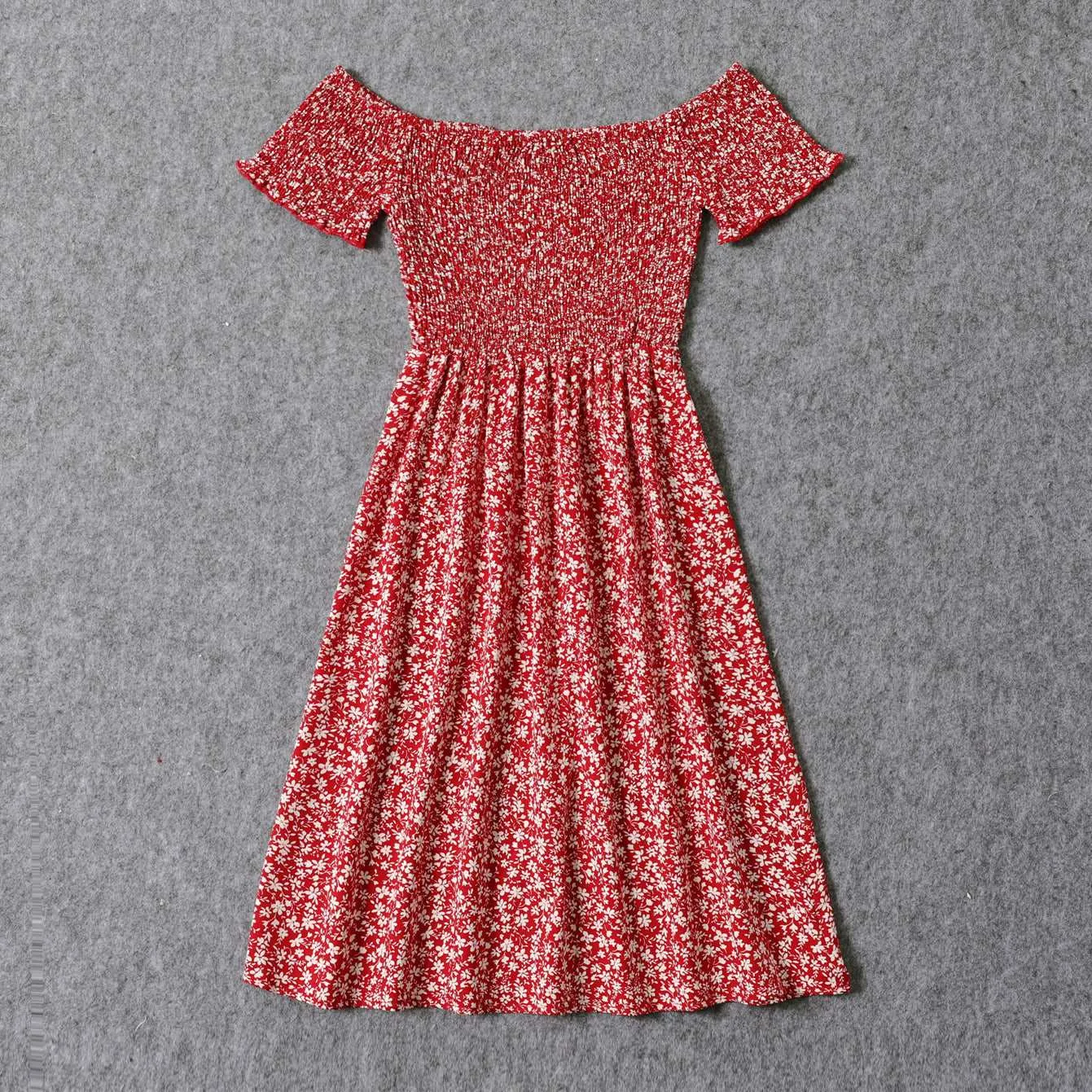 All Over Red Floral Print Off Shoulder Short-sleeve Shirred Dress for Mom and Me