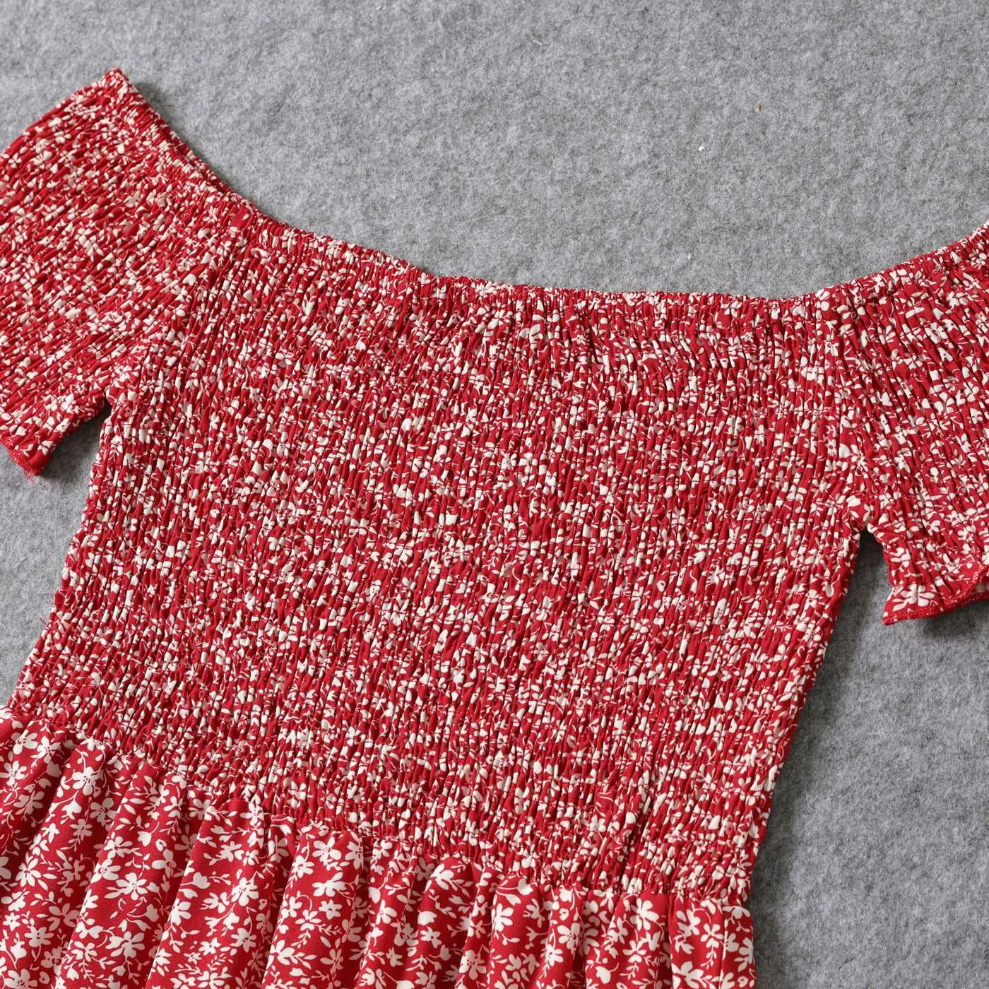 All Over Red Floral Print Off Shoulder Short-sleeve Shirred Dress for Mom and Me