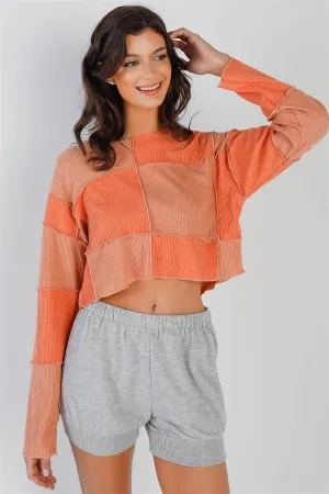 Apricot & Orange Ribbed Inside-Out Trim Detail Long Sleeve Top /2-2-1