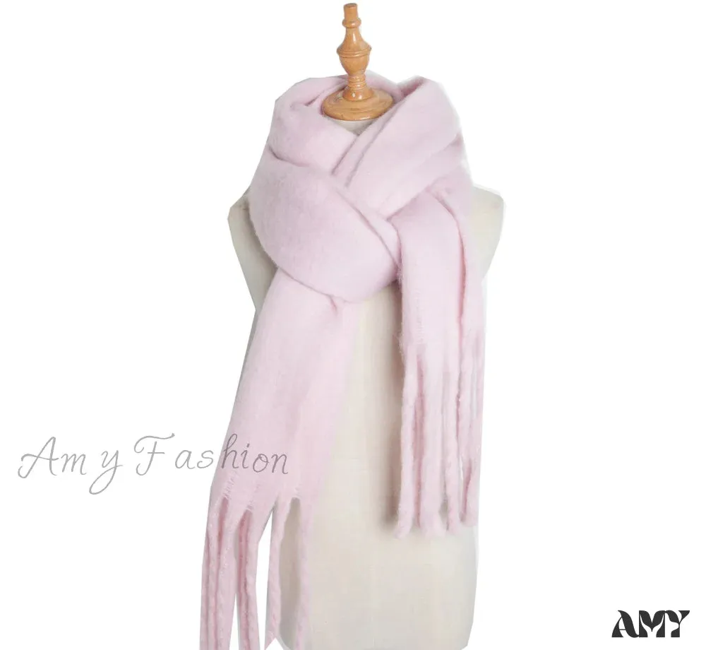 Autumn Winter Long Fringe Thick Plain Green Scarf