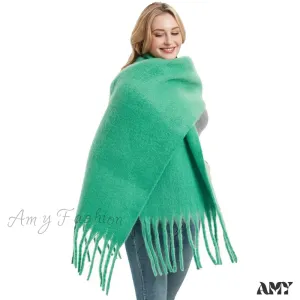 Autumn Winter Long Fringe Thick Plain Green Scarf