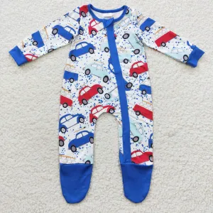 baby blue car print zipper onesie LR0444