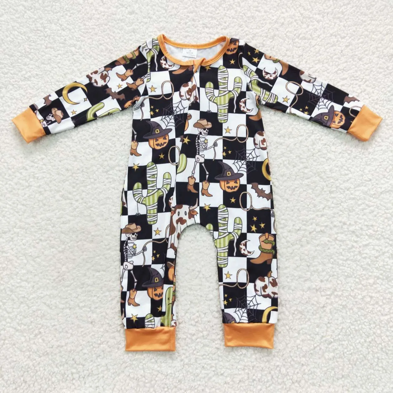 baby cartoon Halloween skull cactus pumpkin checkerboard zipper onesie LR0404