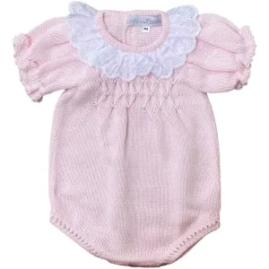 Baby Girls Pink Knitted Romper with Broderie Anglaise Collar