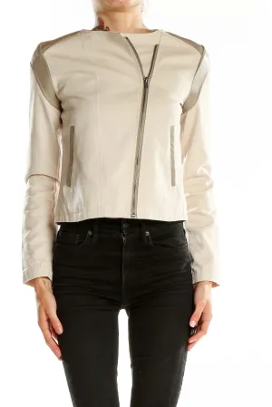 Beige Asymmetric Zip Cropped Jacket