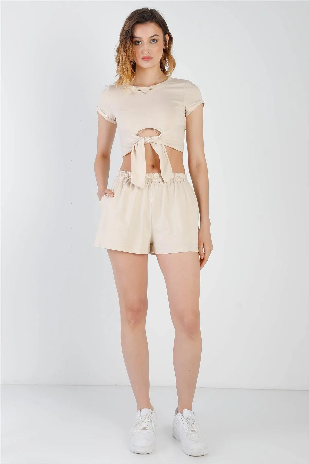 Beige Cut-Out Hem Crop Top & High Waist Short Set