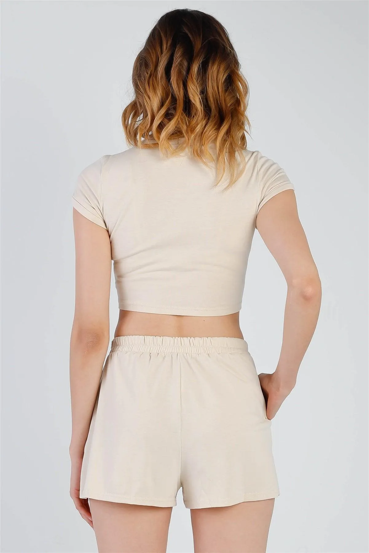 Beige Cut-Out Hem Crop Top & High Waist Short Set