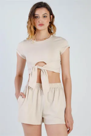 Beige Cut-Out Hem Crop Top & High Waist Short Set