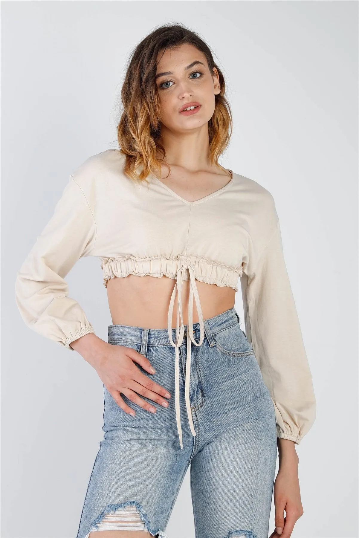 Beige Self-Tie Ruffle Hem V-Neck Long Balloon Sleeve Crop Top /2-2-2