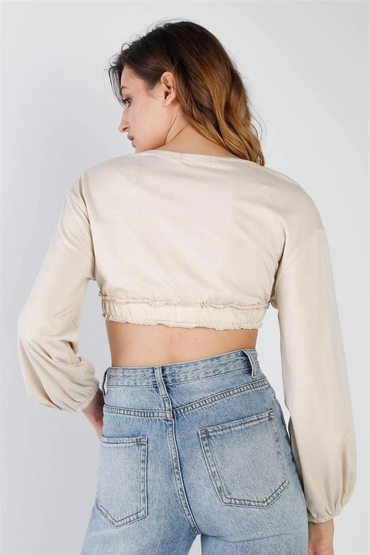 Beige Self-Tie Ruffle Hem V-Neck Long Balloon Sleeve Crop Top /2-2-2