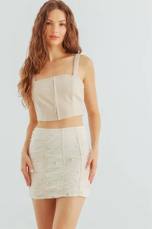 Beige Sleeveless Eye Hook Corset Crop Top