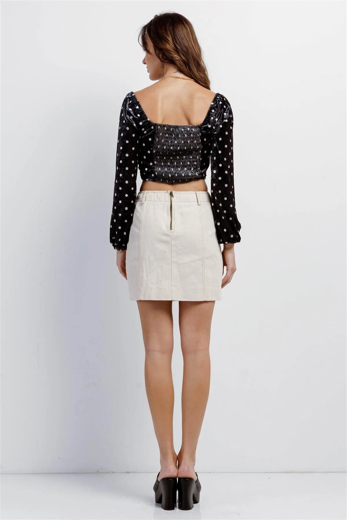 Black Cream Polka Dot Velvet Ruched Crop Top /3-2-1