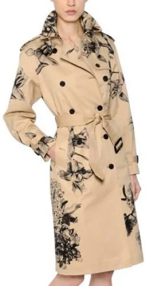 Black-Floral-Printed Trench Coat in Khaki