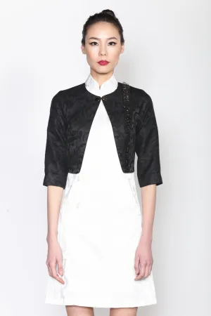 BLACK JACQUARD CROPPED JACKET WITH MESH TRIM