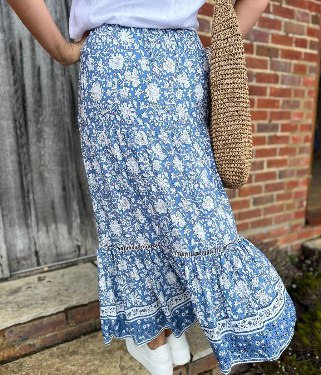 Blue Floral Tiered Midi skirt