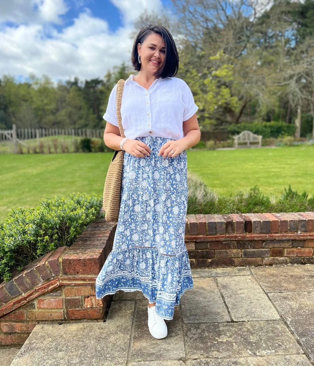 Blue Floral Tiered Midi skirt