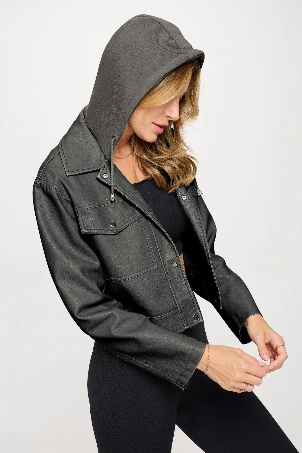 Bronze Vegan Leather Snap Down Cropped Hooded Jacket