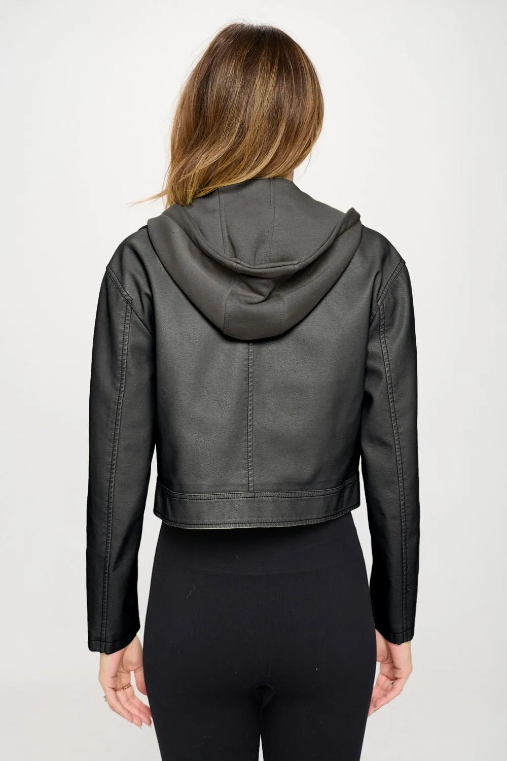 Bronze Vegan Leather Snap Down Cropped Hooded Jacket