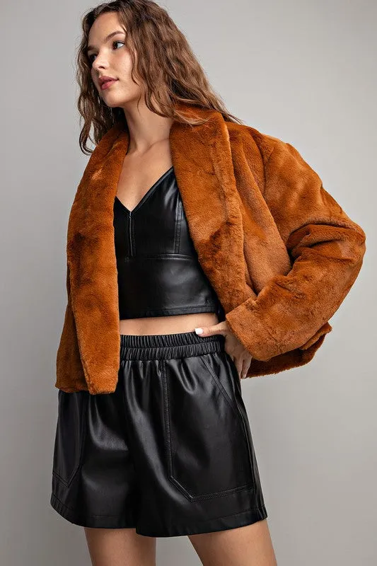 Brown Solid Teddy Fur Open Jacket