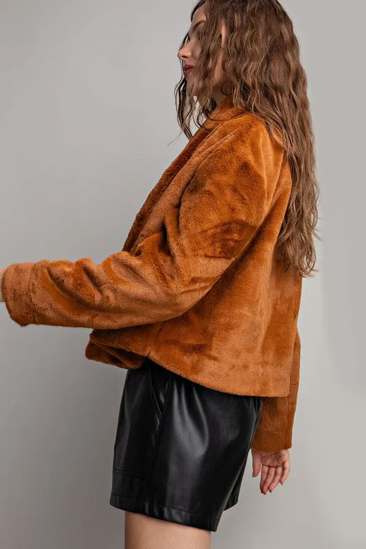 Brown Solid Teddy Fur Open Jacket