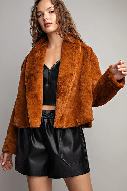 Brown Solid Teddy Fur Open Jacket