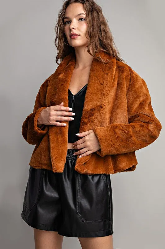 Brown Solid Teddy Fur Open Jacket