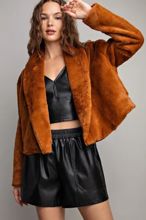 Brown Solid Teddy Fur Open Jacket