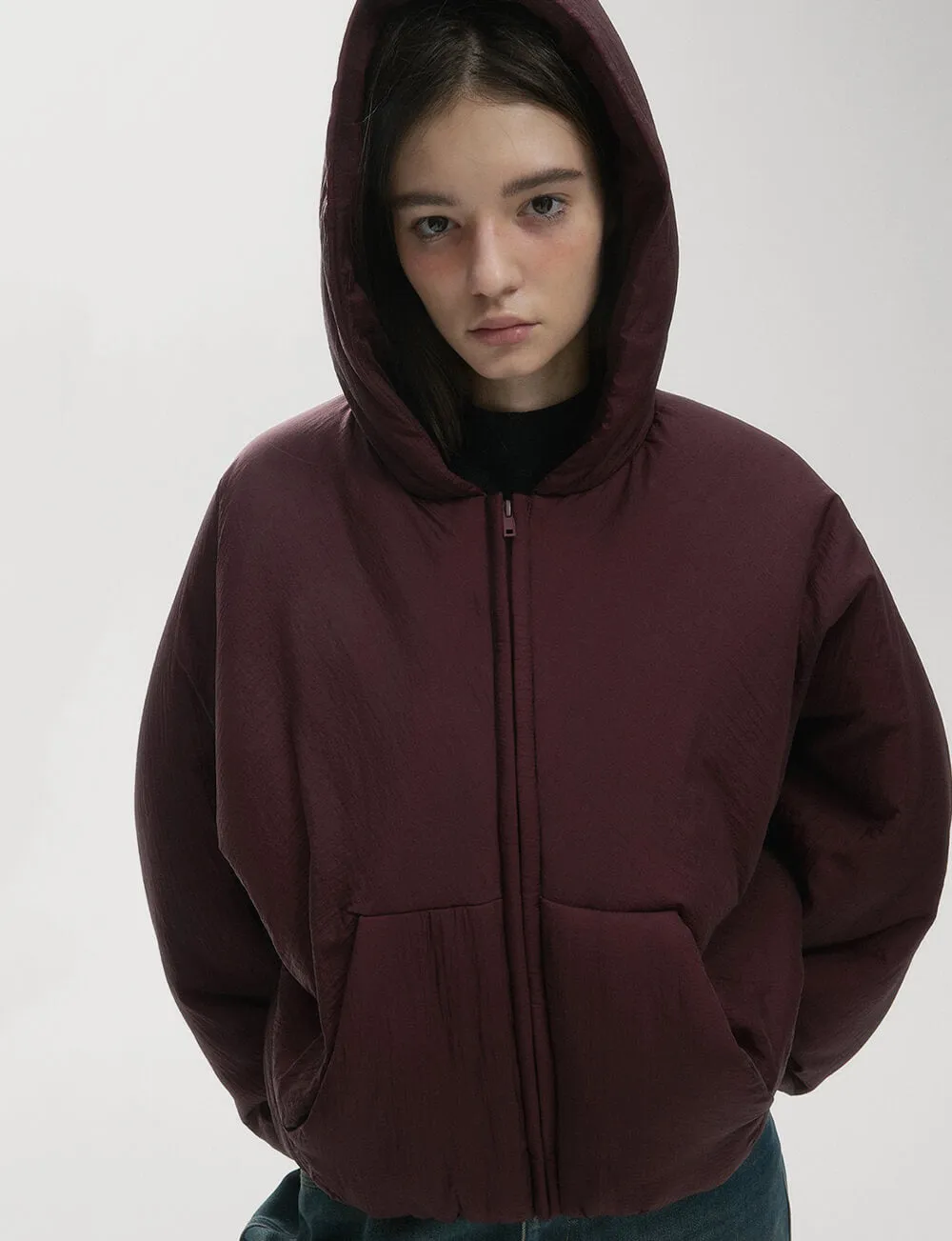 Burgundy Puff Crop Hoodie Jacket