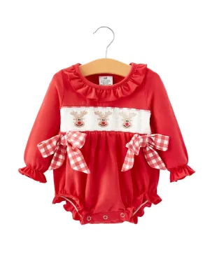 Christmas Smocking Embroidery Bow Girls Romper