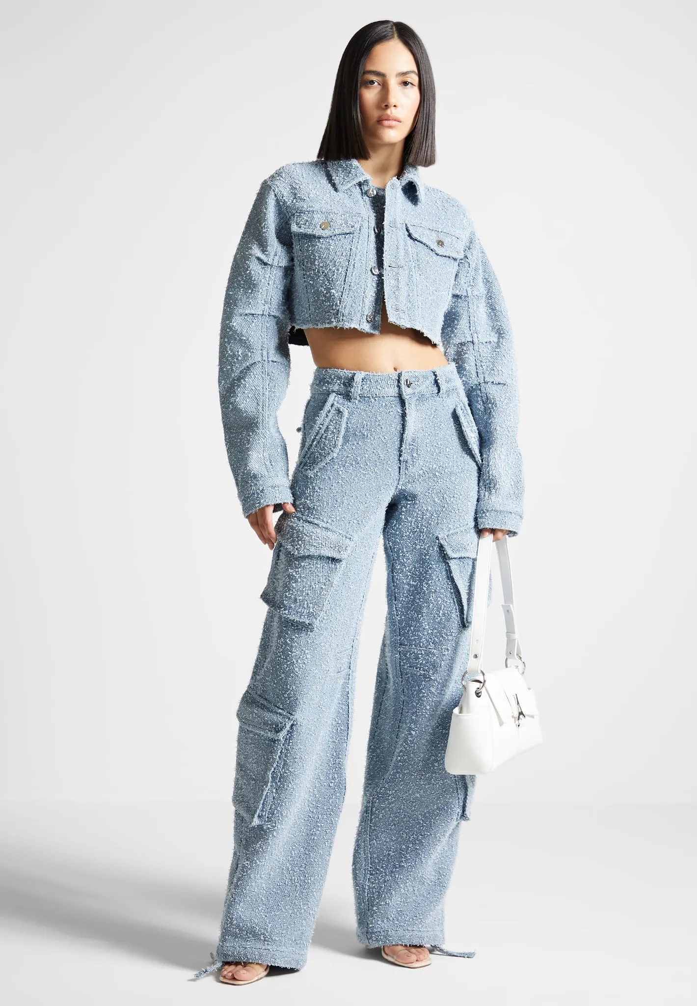 Cropped Boucle Denim Jacket - Mid Blue