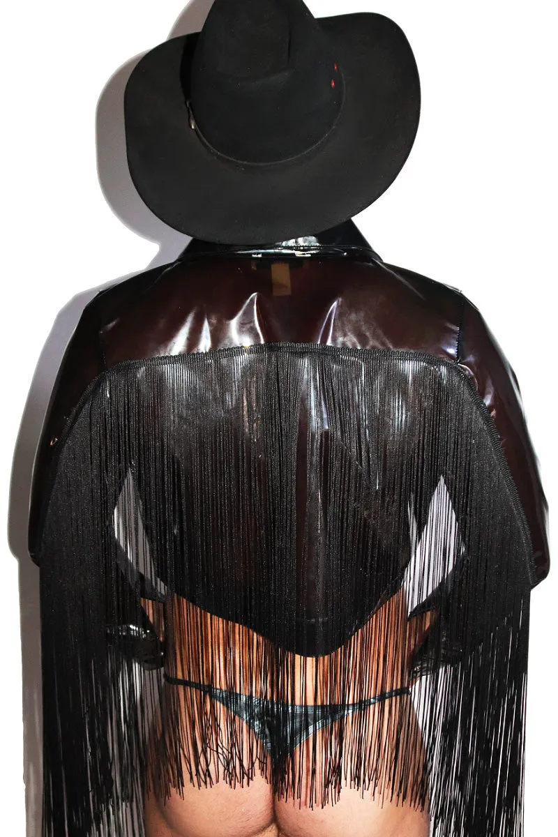 Dark Cowboy Vinyl Fringe Western Crop Jacket-Black