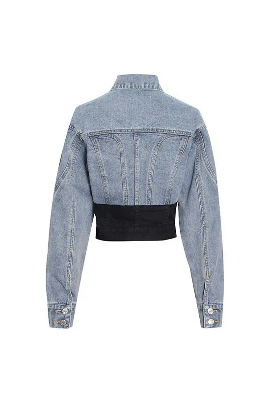 Deconstructed Hybrid Button Down Long Sleeve Cinch Waist Crop Denim Jacket