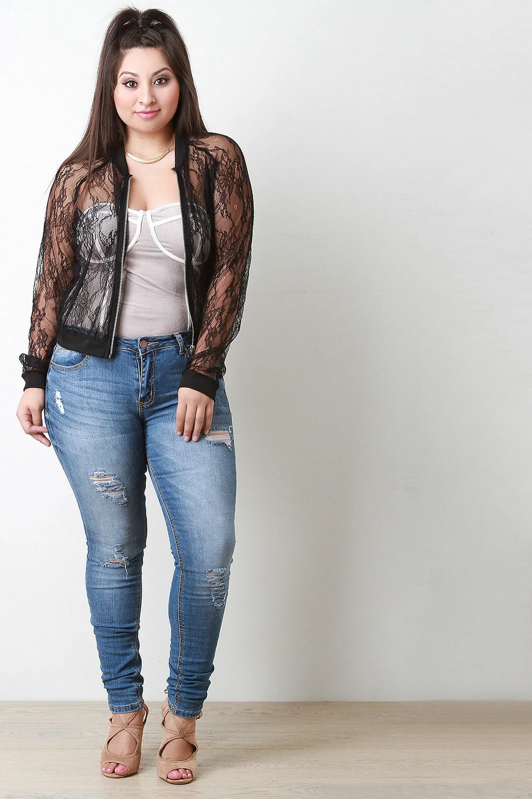 Delicate Lace Cropped Bomber Jacket