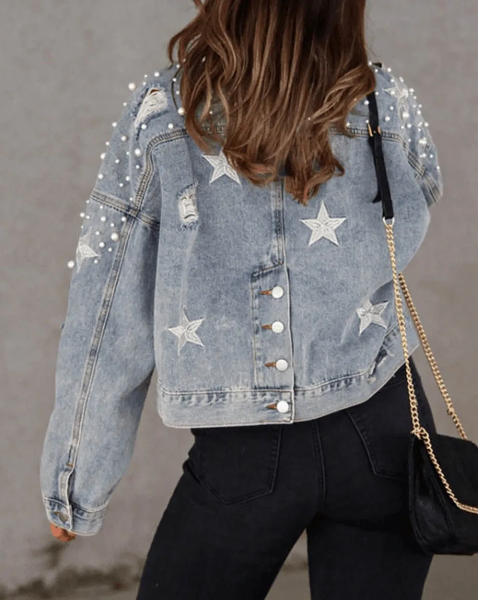 Denim Pearl Distressed Cropped Jacket