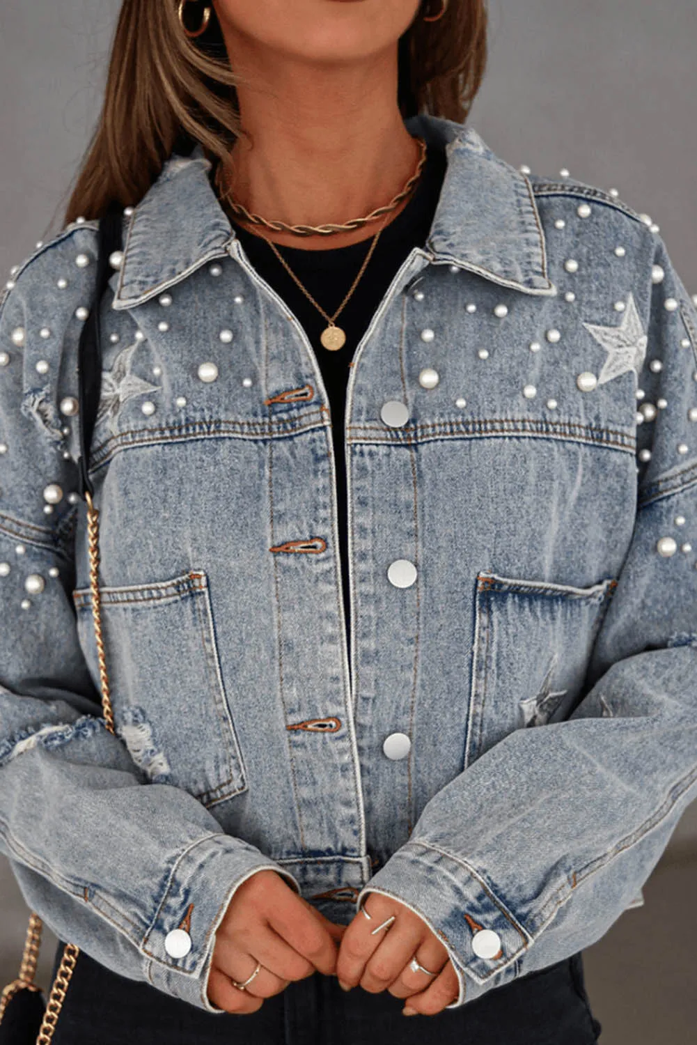 Denim Pearl Distressed Cropped Jacket