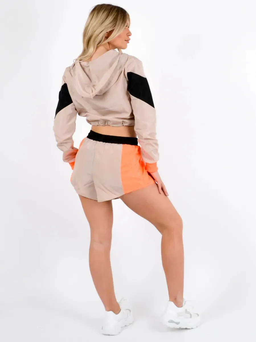 Elle Colour Block Cropped Jacket & Shorts Co-ord-Neon In Orange