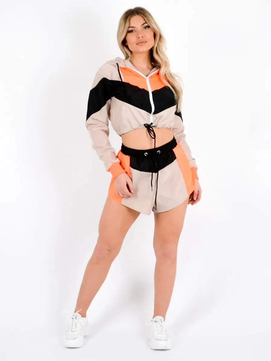 Elle Colour Block Cropped Jacket & Shorts Co-ord-Neon In Orange