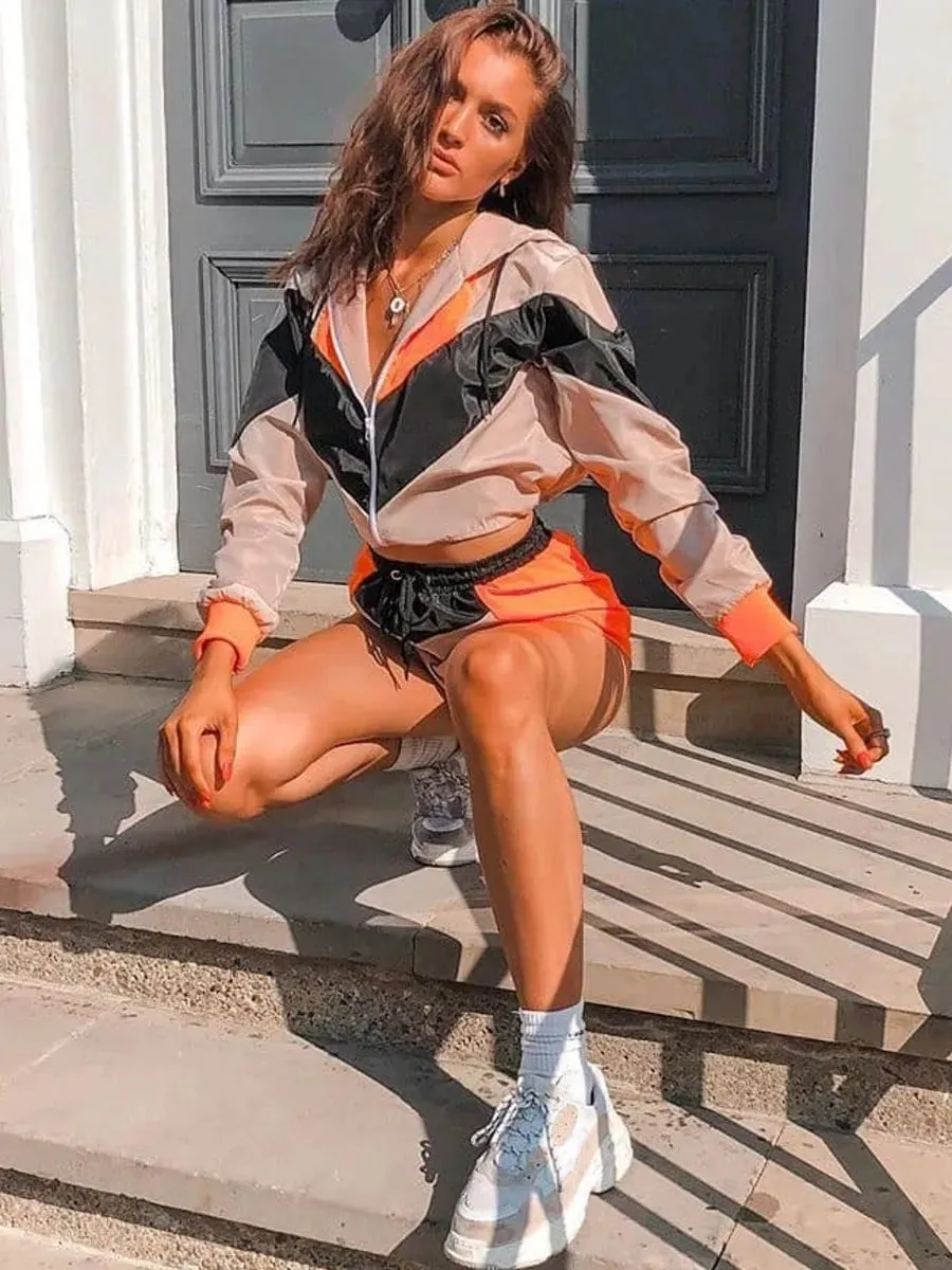 Elle Colour Block Cropped Jacket & Shorts Co-ord-Neon In Orange