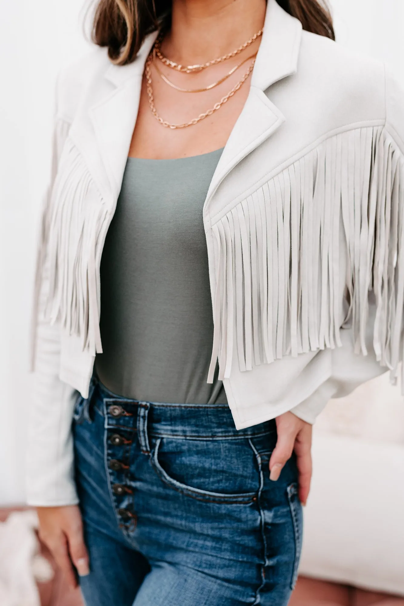 Ernest Faux Suede Fringe Moto Jacket (Light Grey)